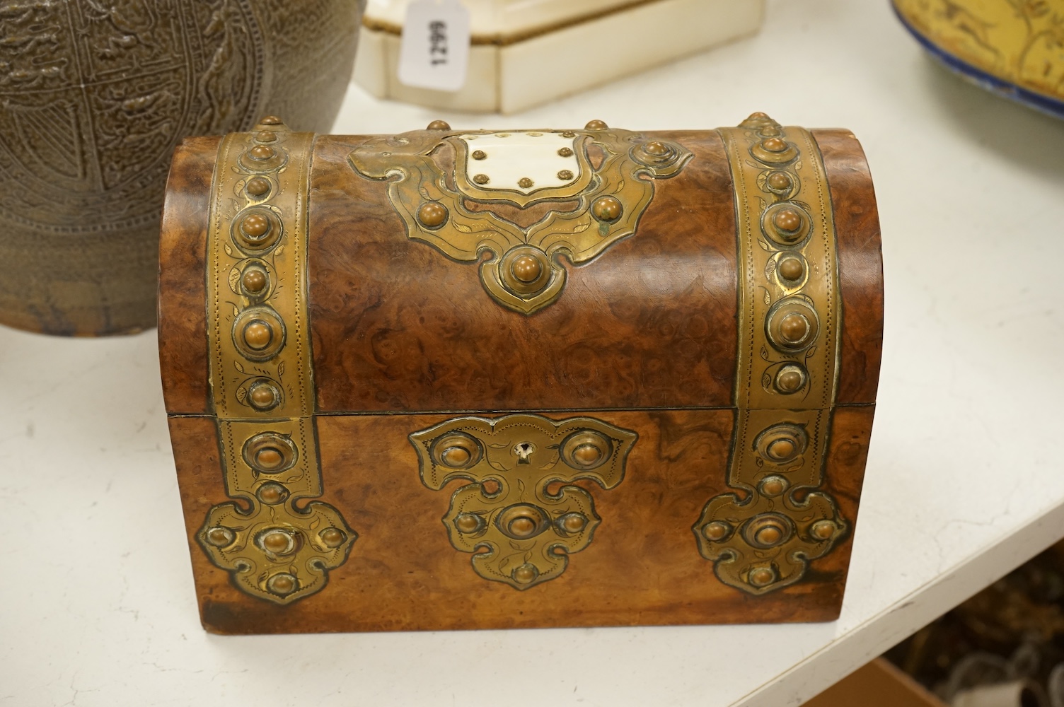 A brass mounted walnut dome topped box and another bone and mother of pearl inlaid box, 32 x 25cm